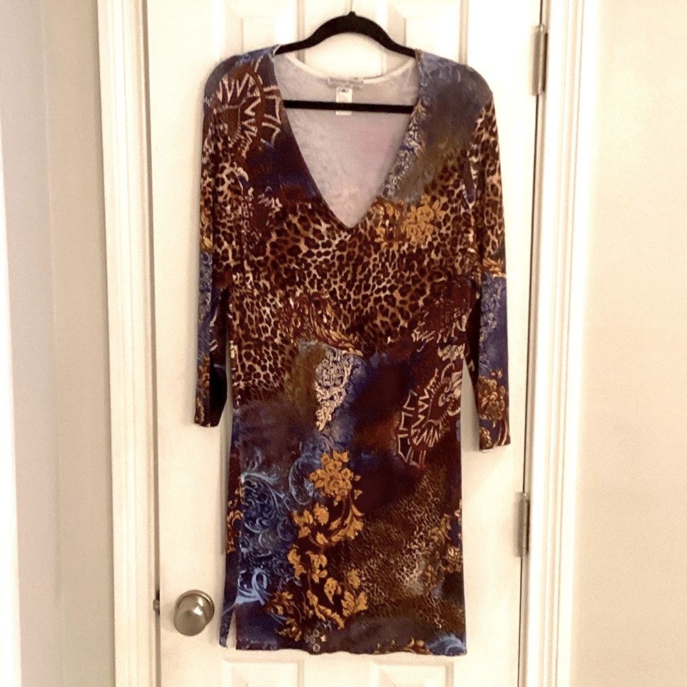 Alberto Makali Vintage Animal Print & Floral Embroidered V-Neck Dress